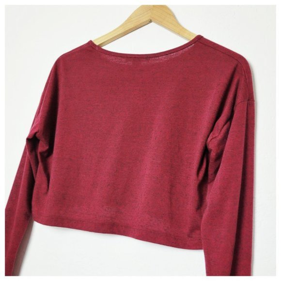 Forever 21 Heathered Maroon Long Sleeve Boxy Cropped T Shirt w Breast Pocket - Picture 7 of 15